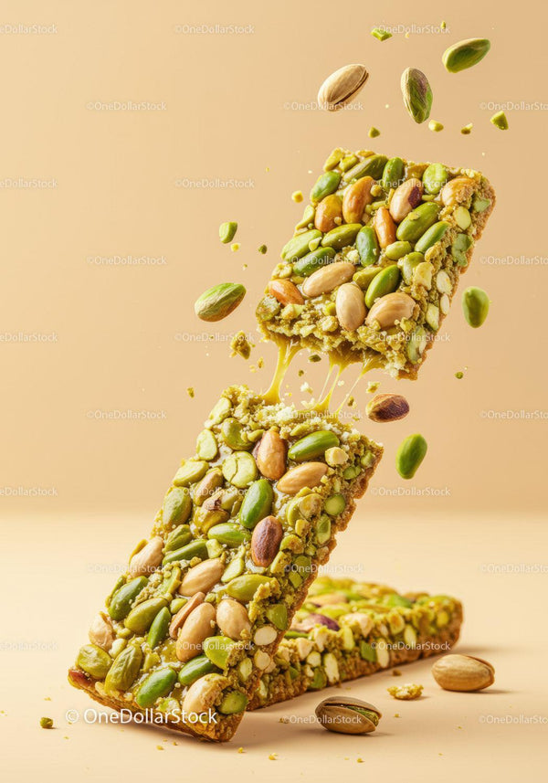 Nutty pistachio snack bar breaking apart midair
