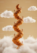 Tiny figures climbing spiral croissant tower in clouds