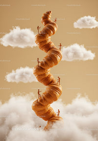 Tiny figures climbing spiral croissant tower in clouds