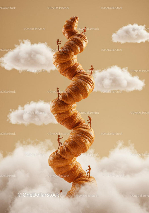 Tiny figures climbing spiral croissant tower in clouds