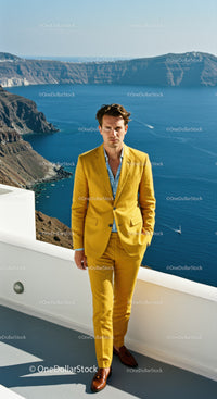 Stylish man in yellow suit by ocean cliffside