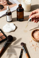 Natural skincare and makeup set with serum dropper and brushes
