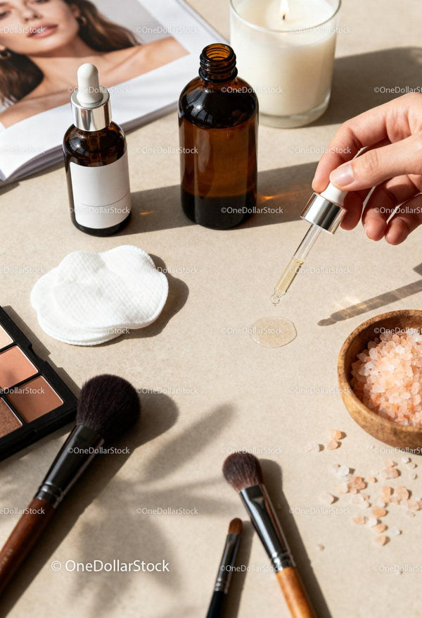 Natural skincare and makeup set with serum dropper and brushes