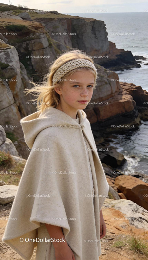 Young girl in cozy hooded cape near rocky seashore