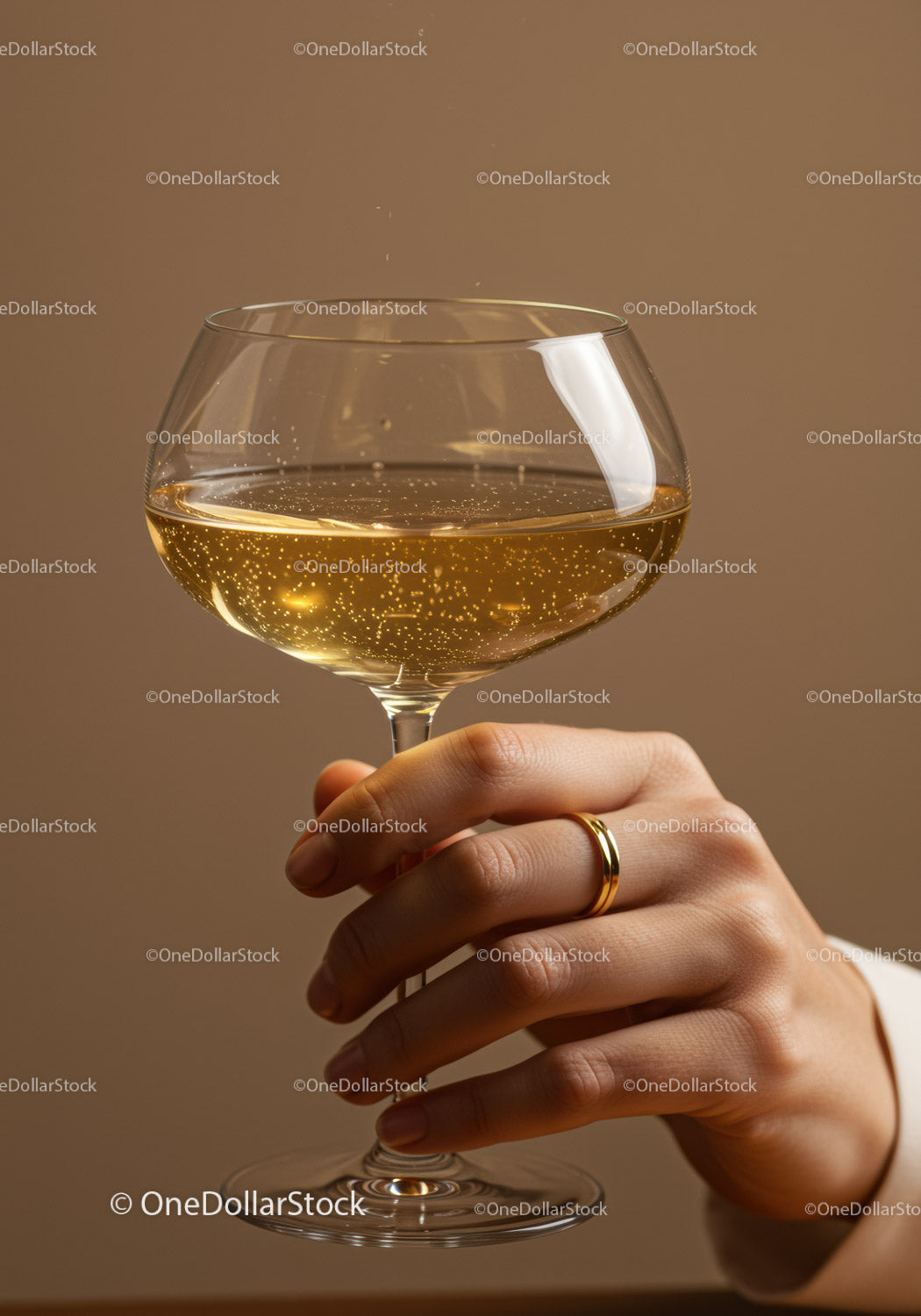 Hand Holding Glass of Sparkling White Wine
