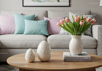 Cozy living room with pastel pillows and tulip bouquet