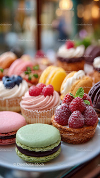 Assorted Cupcakes, Macarons and Fruit Tart on Dessert Platter