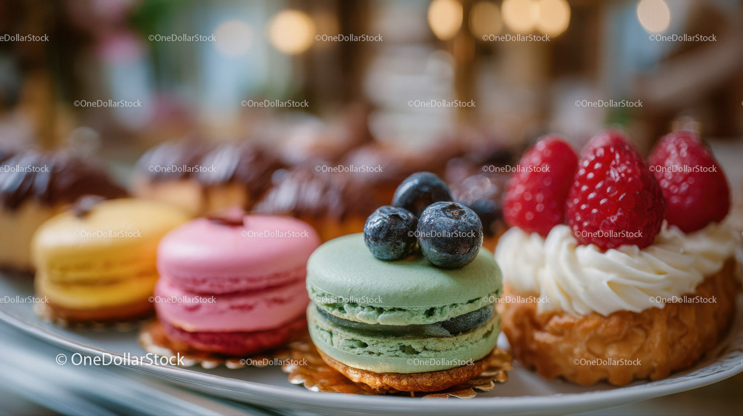 Variety of Colorful Gourmet Macarons with Fruit Toppings