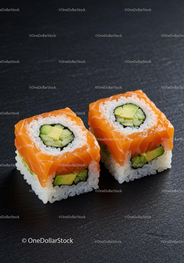 Fresh salmon and cucumber sushi rolls on black plate