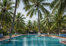 Tropical Poolside Scene with Palm Trees and Lounge Chairs