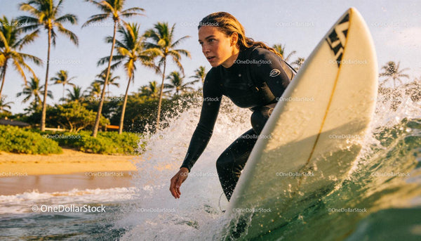 Focused young woman surfing near tropical beach at sunset