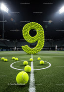 Number nine formed with tennis balls on illuminated court