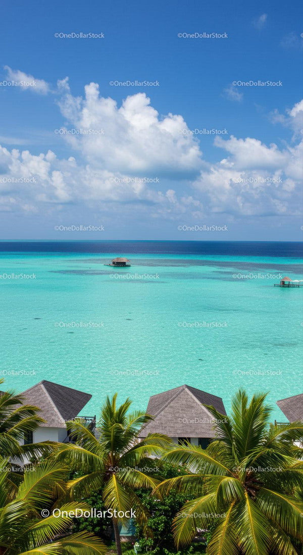 Tropical Overwater Bungalows and Palm Trees Along Pristine Ocean Shore