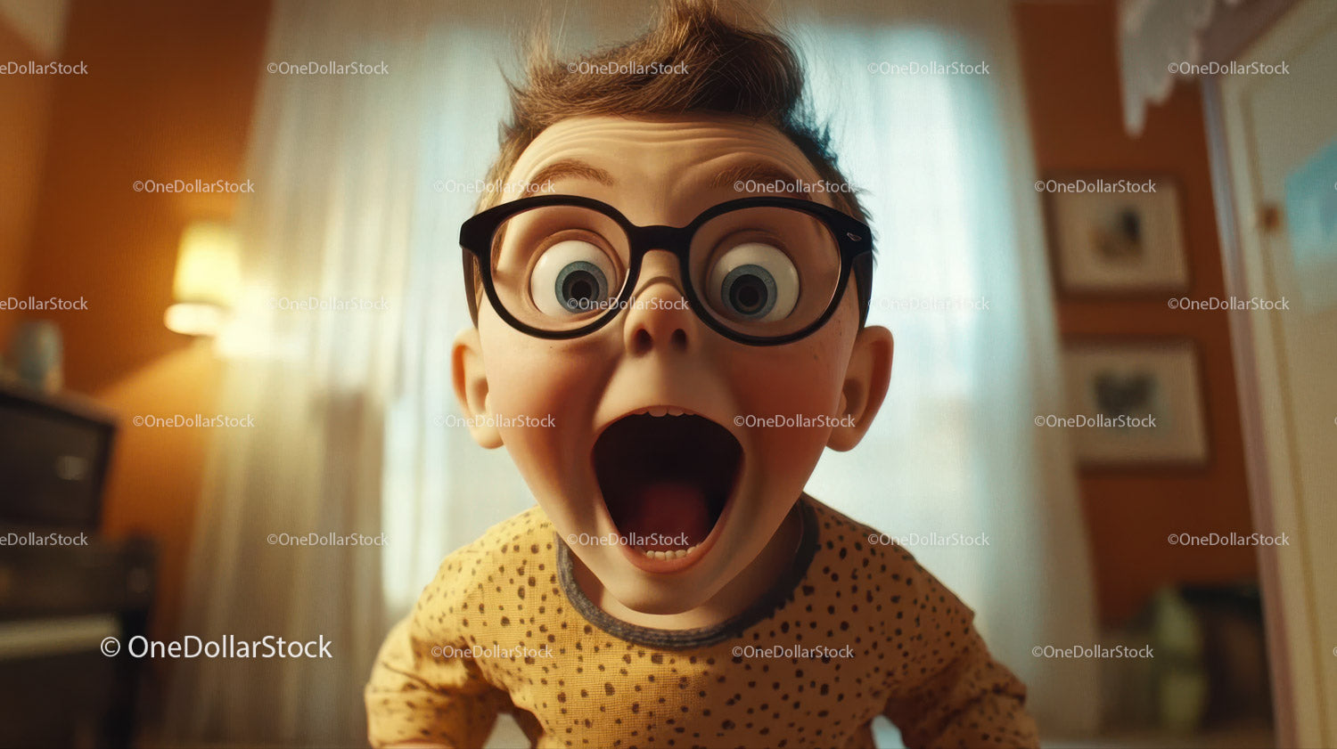 Playful Child with Oversized Glasses Expressing Surprise in Home