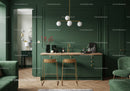 Elegant Green Kitchen with Gold Accents and Modern Lighting