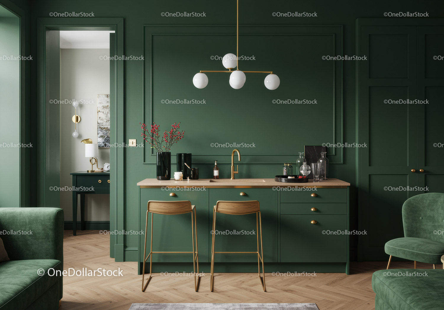 Elegant Green Kitchen with Gold Accents and Modern Lighting