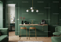 Elegant Green Kitchen with Gold Accents and Modern Lighting