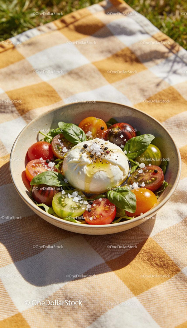 Świeża burrata z pomidorkami koktajlowymi i bazylią