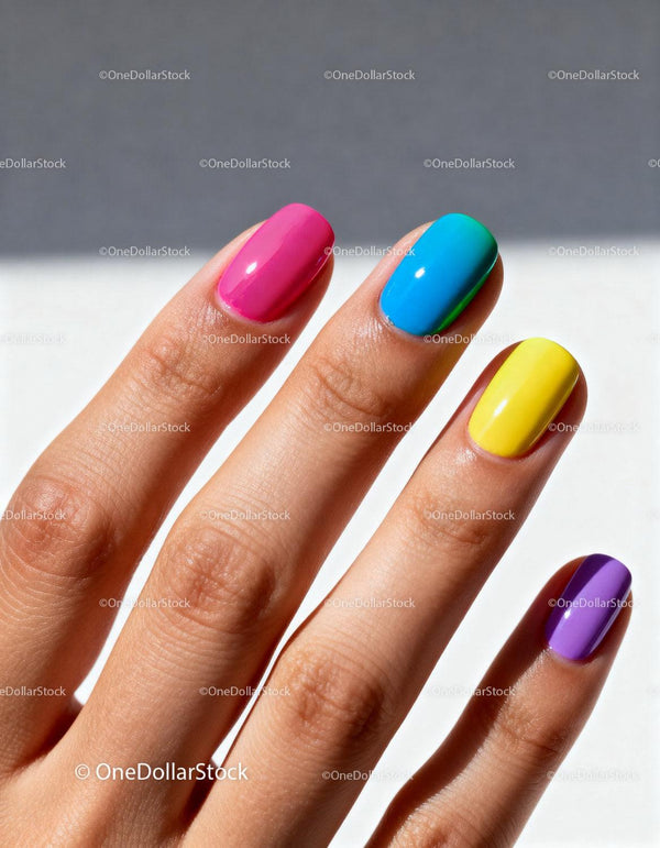 Colorful manicured hand with vibrant nail polish shades