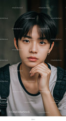 Portrait of Young Man with Black Hair and Thoughtful Expression