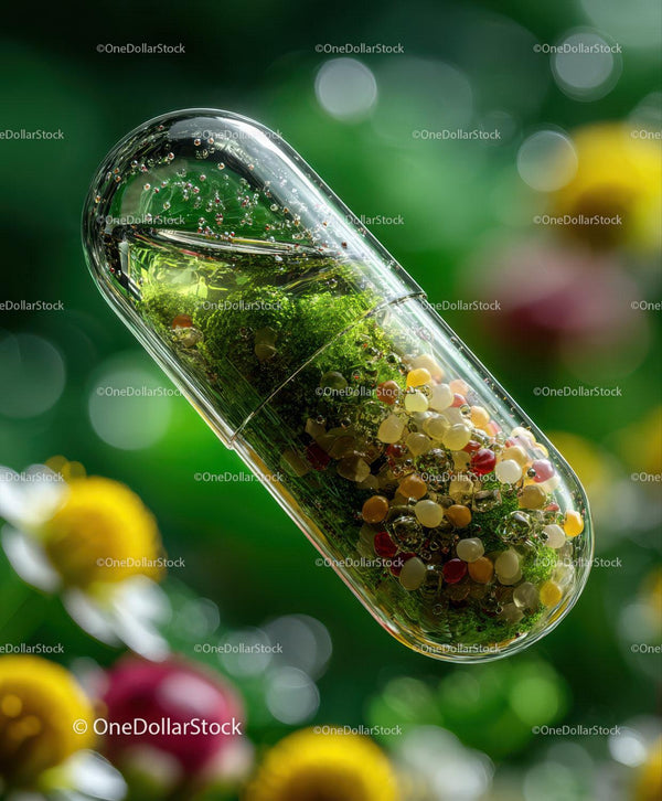 Transparent Capsule Filled With Multicolored Spheres And Green Moss