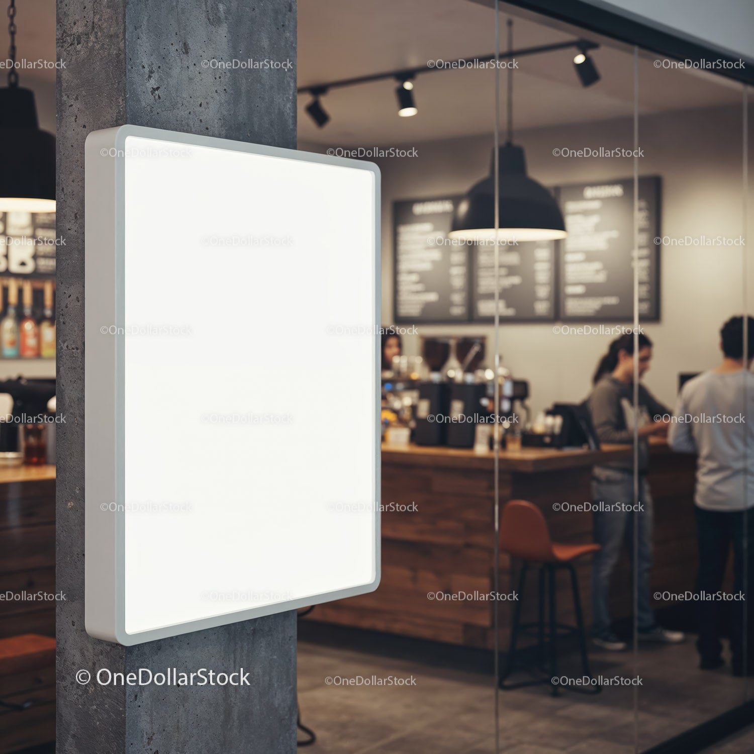 Blank illuminated signboard in modern coffee shop interior