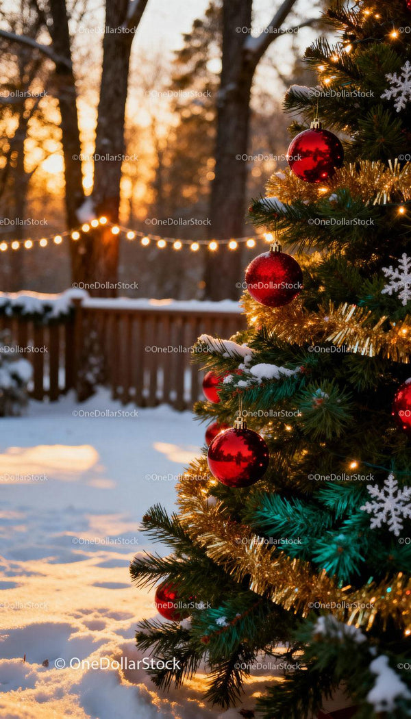 Christmas tree decorated with red baubles in winter sunset