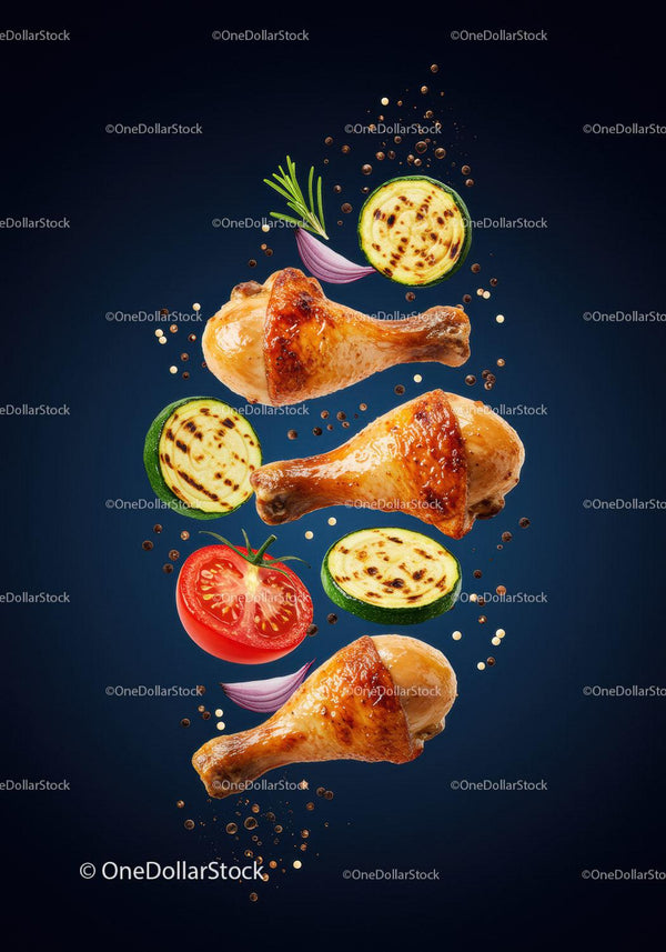 Grilled chicken drumsticks with fresh vegetables and spices