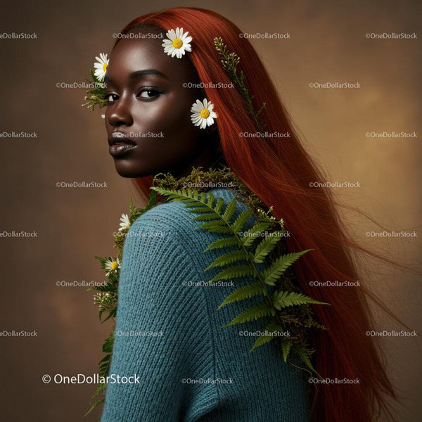 Elegant Woman with Long Red Hair and Floral Accessories in Nature
