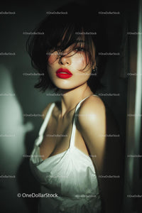 Elegant Woman with Red Lips in Stylish Evening Dress