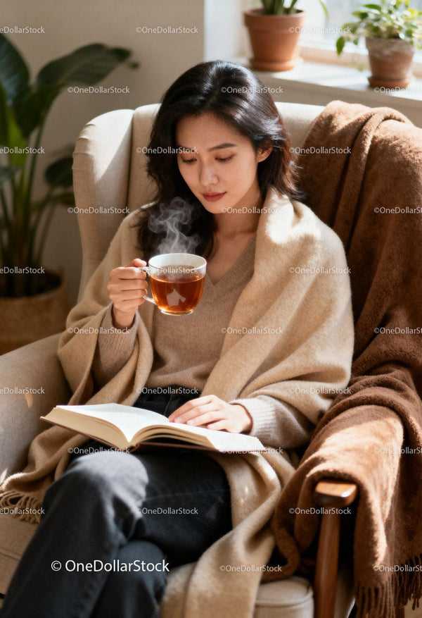 Calm woman wrapped in warm blanket enjoying tea and book