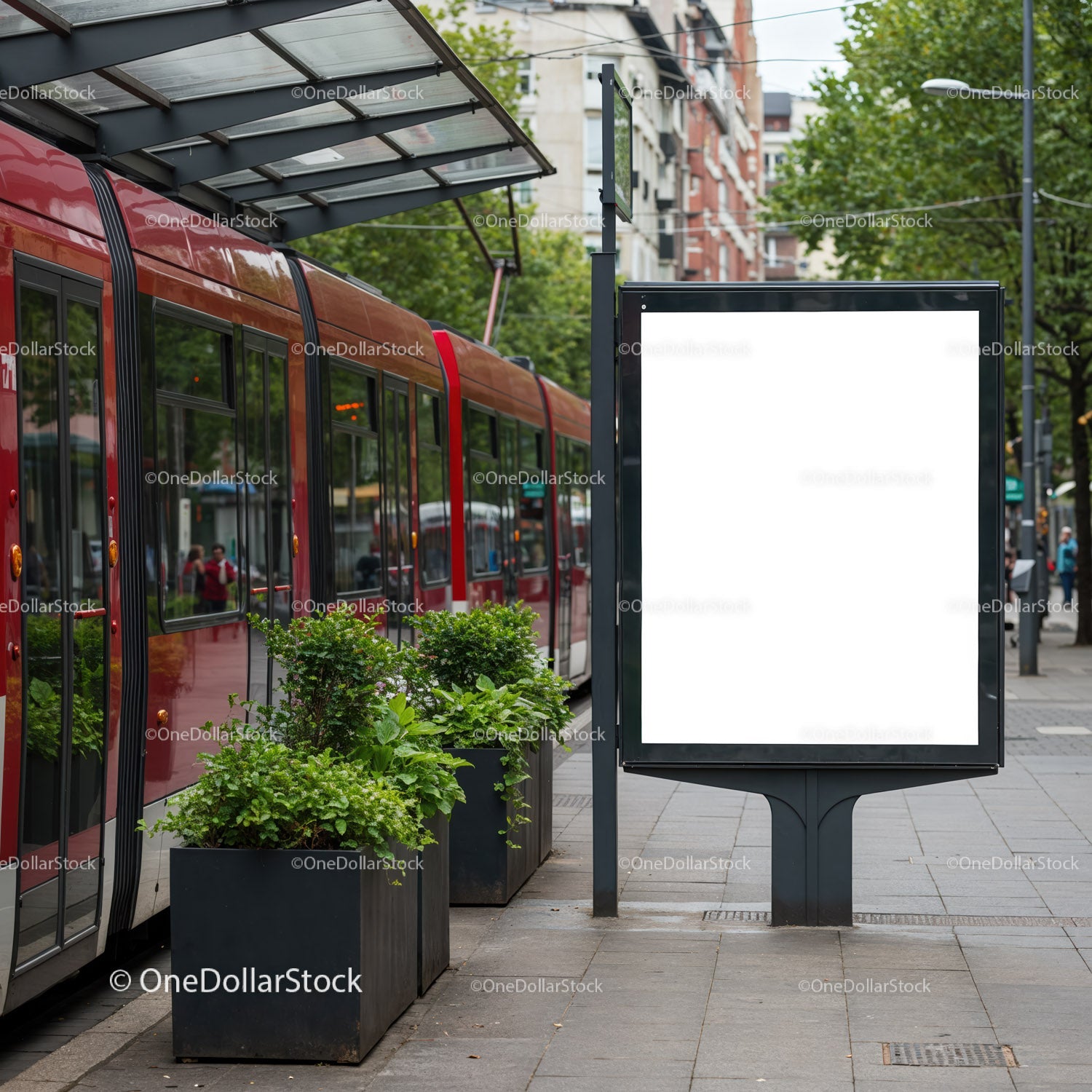Urban tram stop with blank advertising billboard