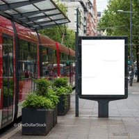 Urban tram stop with blank advertising billboard