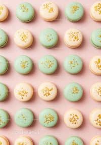 Pastel Macarons with Gold Sprinkles on Pink Background