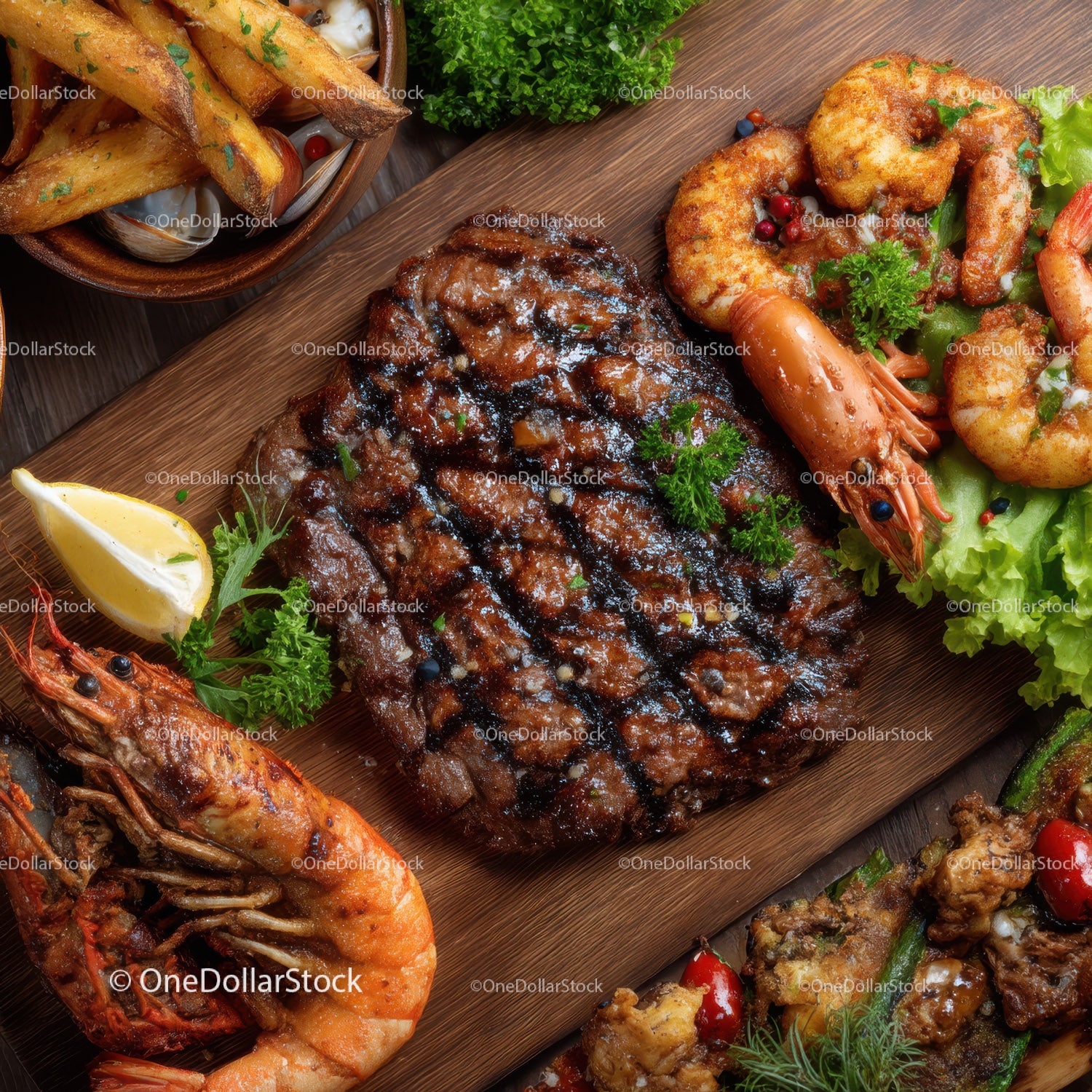 Gourmet Seafood and Steak Platter with Potato Wedges and Fresh Herbs