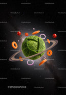 Creative cabbage planet with floating vegetable rings