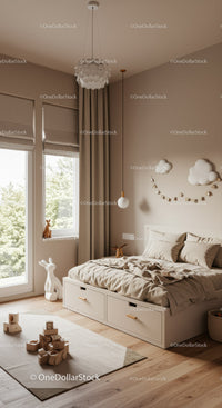 Modern Cozy Bedroom with Cloud Wall Decor and Children's Toys