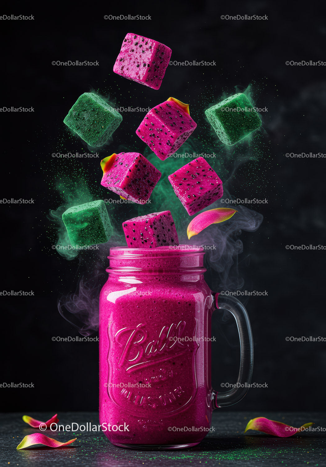 Vibrant dragon fruit smoothie in glass jar with cubes