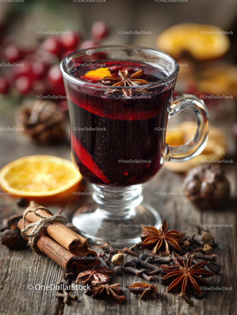 Mulled Wine with Spices and Citrus in Rustic Setting