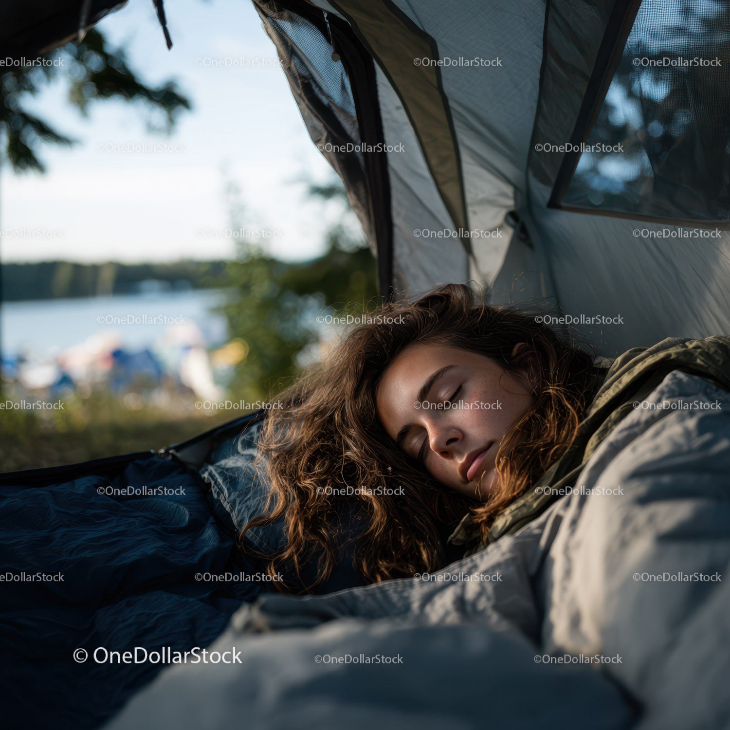 Serene Woman Relaxing Inside a Tent by the Lake During Camping Trip