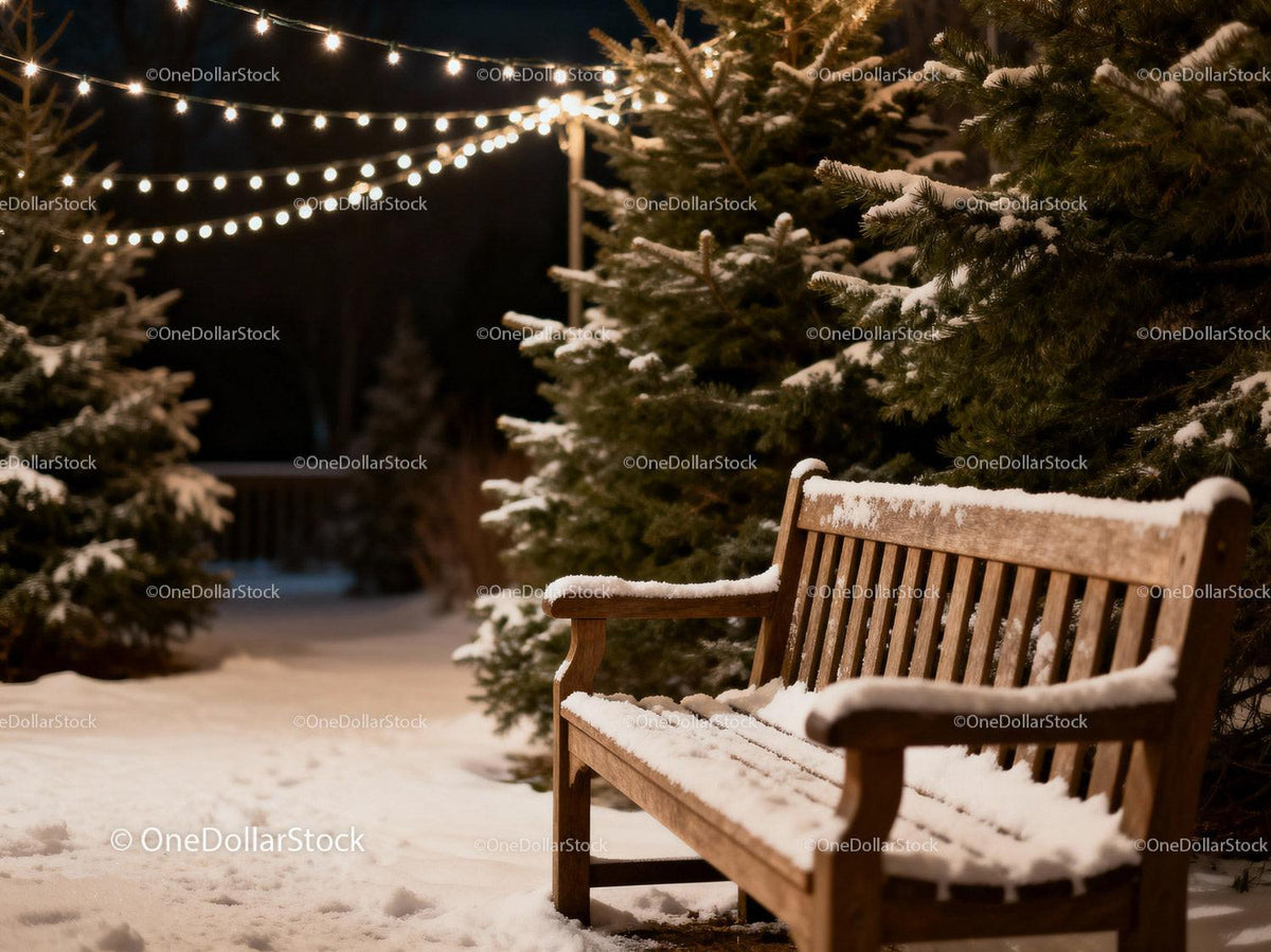 Snow-Covered Bench Among Pine Trees with String Lights