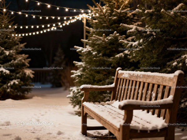 Snow-Covered Bench Among Pine Trees with String Lights