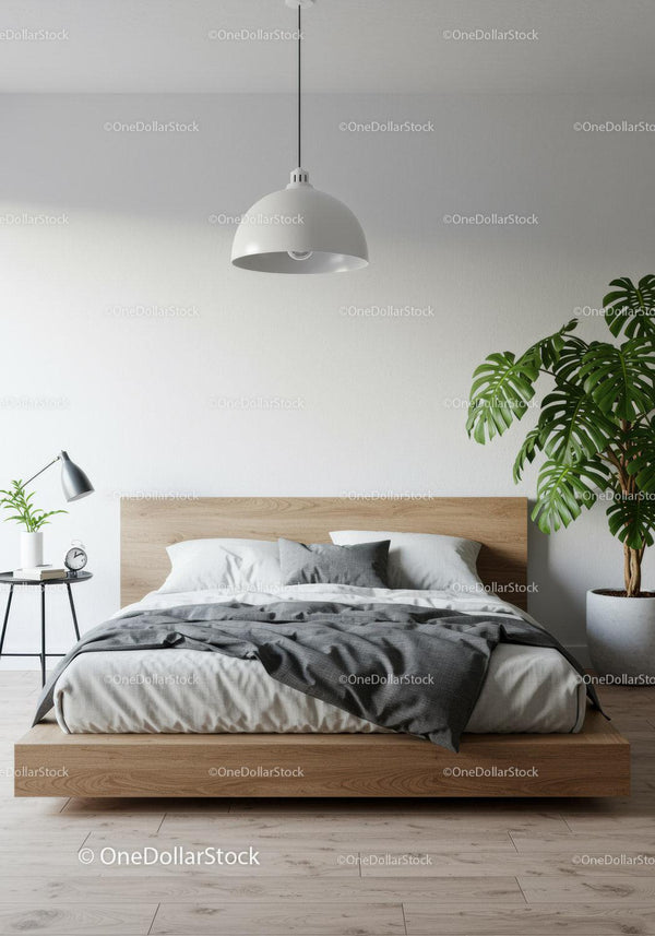 Modern Bedroom with Green Monstera and Wooden Bed Frame