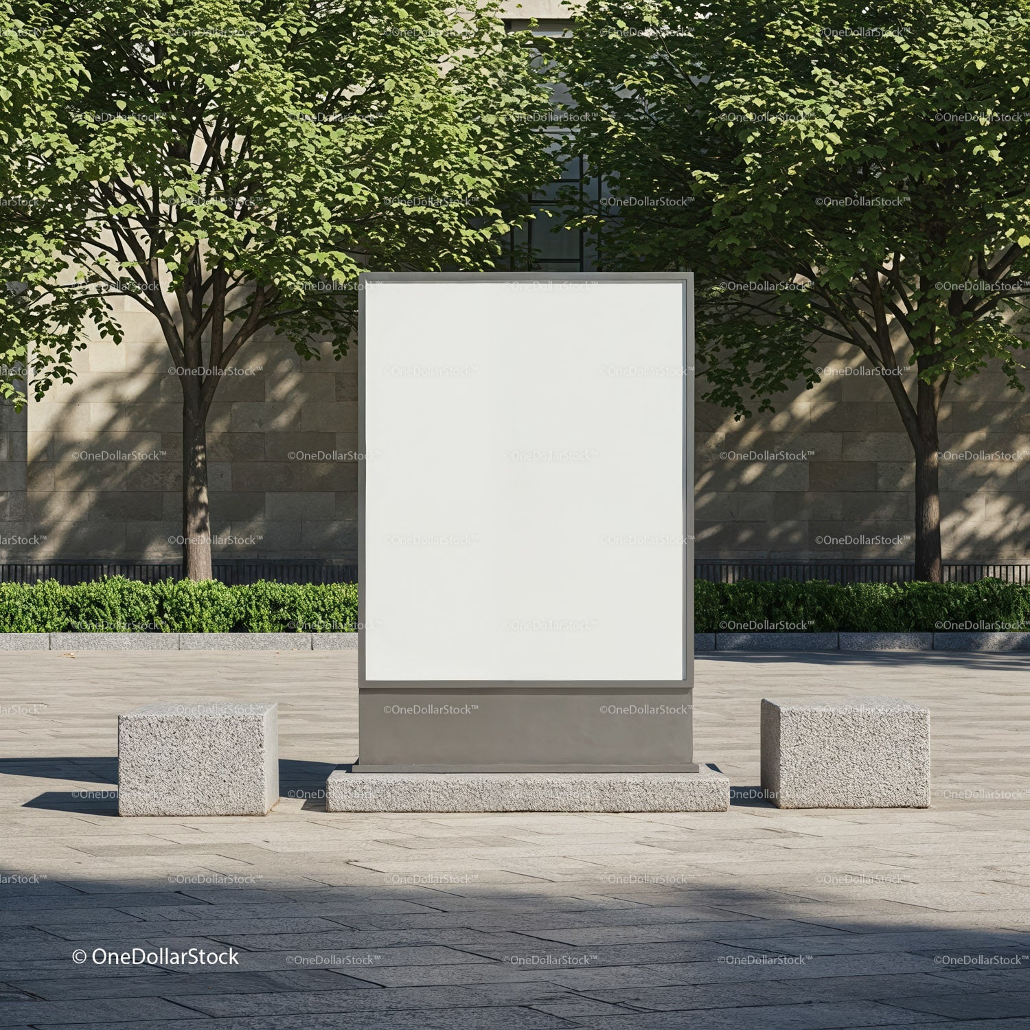 Blank Urban Billboard Surrounded by Stone Benches and Trees