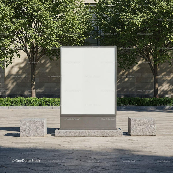 Blank Urban Billboard Surrounded by Stone Benches and Trees JPG Mockup Image