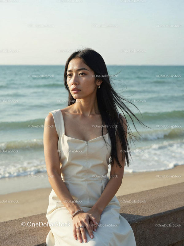 Elegant Woman in White Dress Sitting by Relaxing Seaside Landscape Stock Photo Bundle (11 JPG Files)