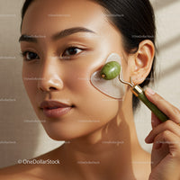 Young Woman Enjoying Facial Massage with Jade Roller for Glowing Skin