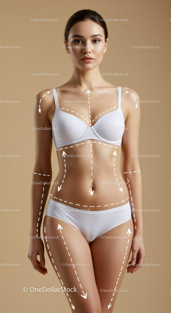 Elegant Woman in White Lingerie with Body Measurement Markings