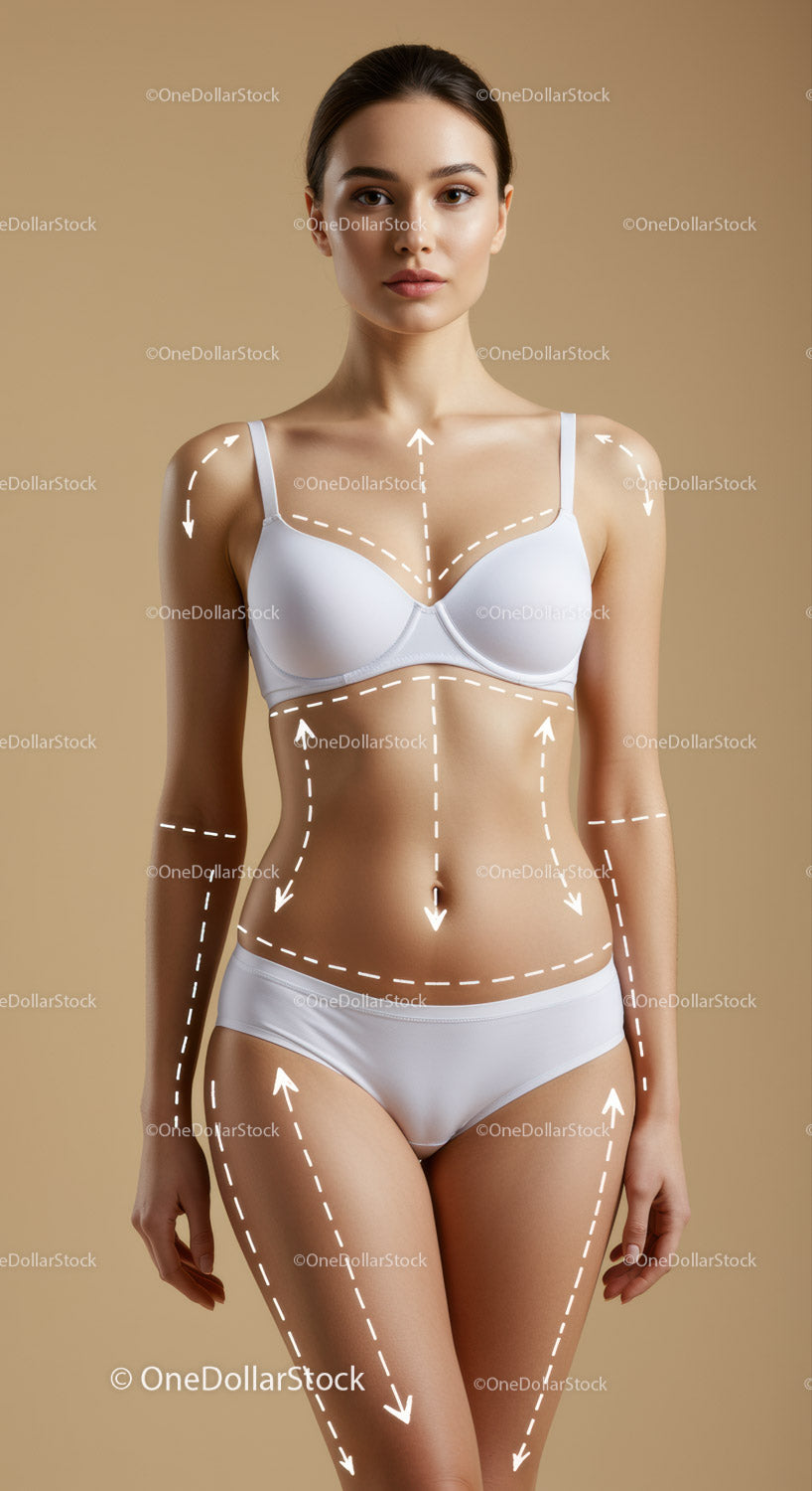 Elegant Woman in White Lingerie with Body Measurement Markings