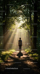 Woman walking alone on sunlit forest path